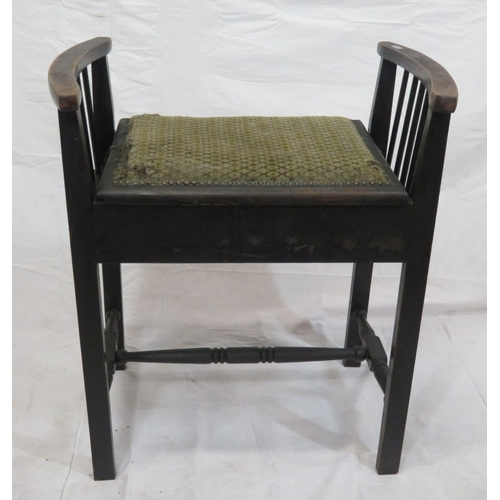 124 - Edward piano stool with upholstered lift-up lid, railed sides, on tapering legs with stretchers
