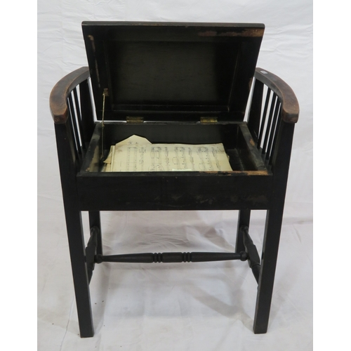 124 - Edward piano stool with upholstered lift-up lid, railed sides, on tapering legs with stretchers
