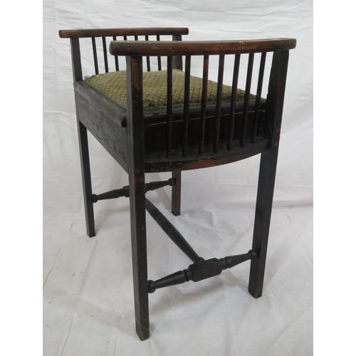 124 - Edward piano stool with upholstered lift-up lid, railed sides, on tapering legs with stretchers