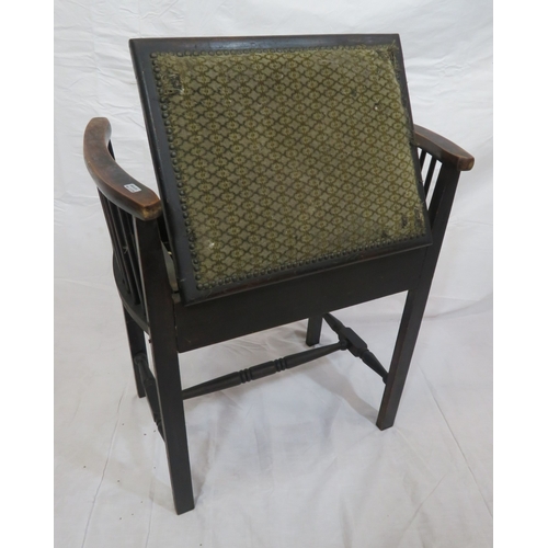 124 - Edward piano stool with upholstered lift-up lid, railed sides, on tapering legs with stretchers