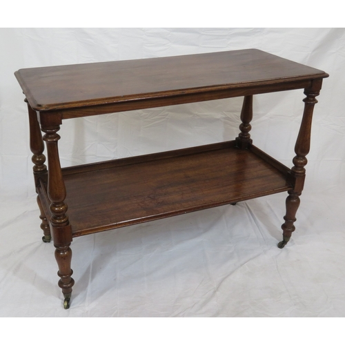 125 - Victorian mahogany 2-tier dumbwaiter with rounded corners, baluster turned columns, on castors