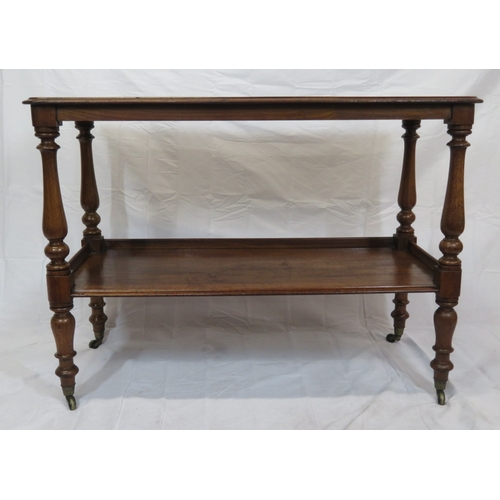 125 - Victorian mahogany 2-tier dumbwaiter with rounded corners, baluster turned columns, on castors