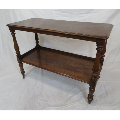 125 - Victorian mahogany 2-tier dumbwaiter with rounded corners, baluster turned columns, on castors