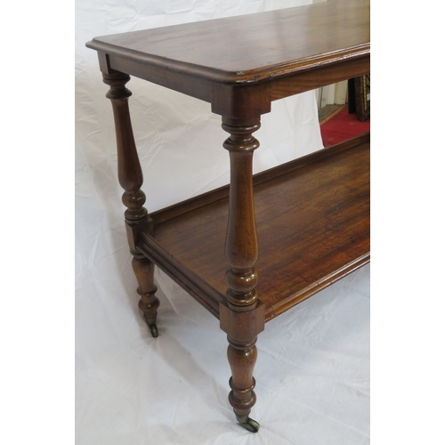 125 - Victorian mahogany 2-tier dumbwaiter with rounded corners, baluster turned columns, on castors
