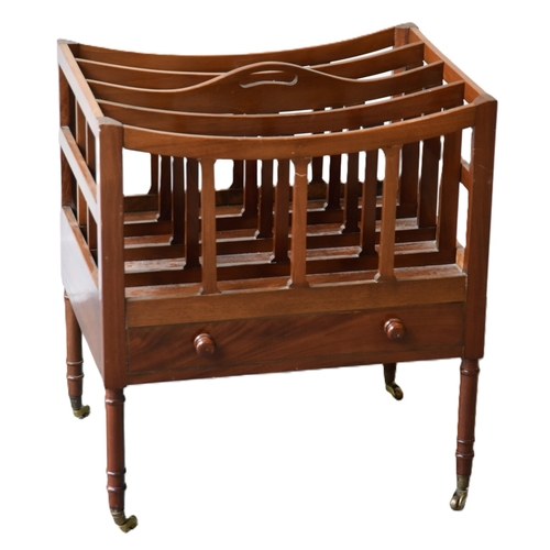 169 - Victorian mahogany 4 section canterbury with shaped rails, frieze drawer, turned legs with castors