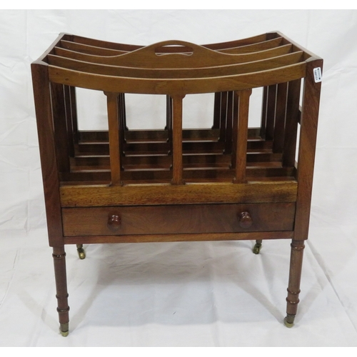 169 - Victorian mahogany 4 section canterbury with shaped rails, frieze drawer, turned legs with castors