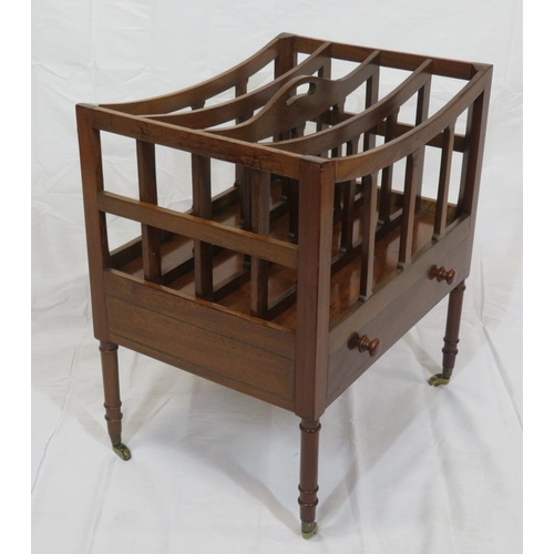 169 - Victorian mahogany 4 section canterbury with shaped rails, frieze drawer, turned legs with castors