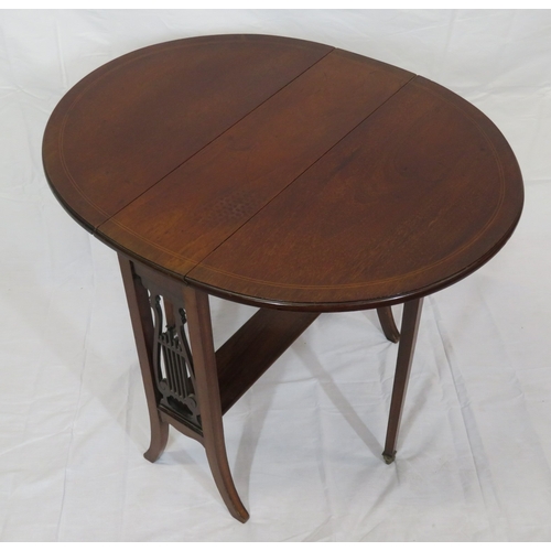 171 - Edwardian inlaid mahogany pembroke table with D-shaped drop leaves, gateleg support, shaped splayed ... 