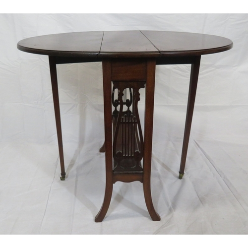 171 - Edwardian inlaid mahogany pembroke table with D-shaped drop leaves, gateleg support, shaped splayed ... 