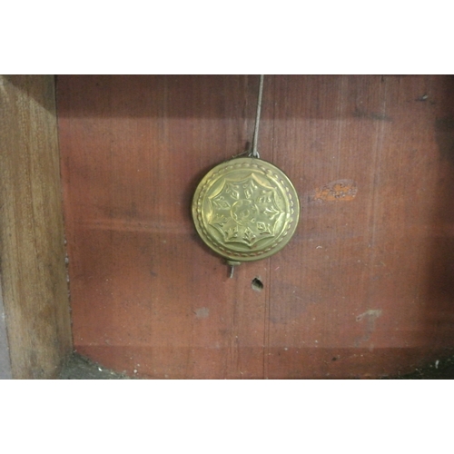 177 - Edwardian mahogany wall clock with round brass framed dial, brass pendulum & foliate decoration