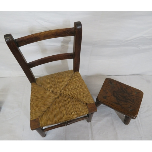 183 - Childs Arts & Crafts chair with wicker seat & a walnut stool