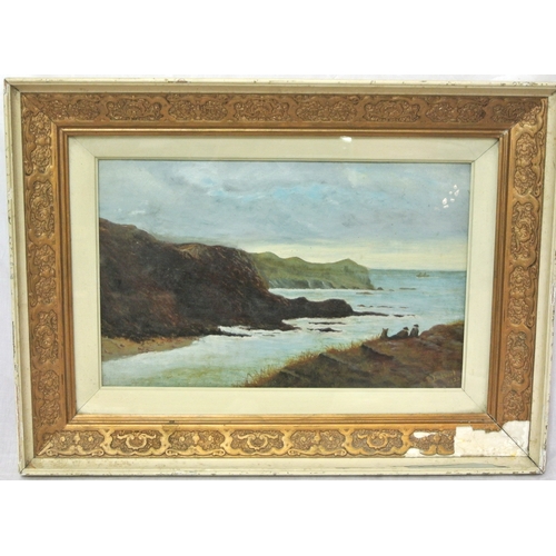 41 - E Lockwood 'Figures looking out to sea' oil on board 28x45cm signed