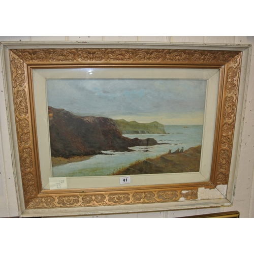 41 - E Lockwood 'Figures looking out to sea' oil on board 28x45cm signed