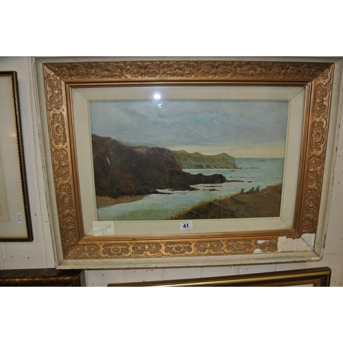 41 - E Lockwood 'Figures looking out to sea' oil on board 28x45cm signed