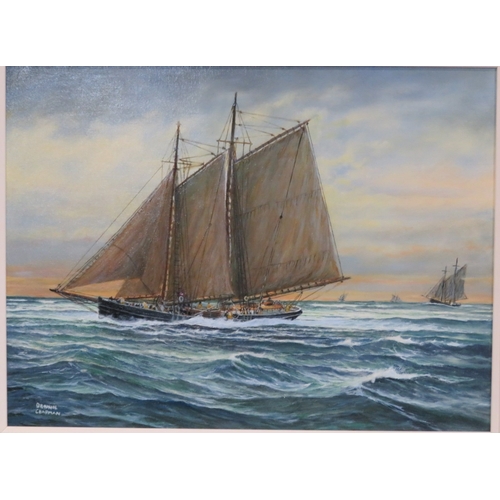 59 - Dennis Chapman 'Gaff rigged boats under sail' oil on board, 45x60cm, signed