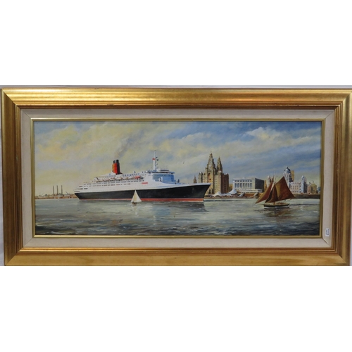 62 - David Wilson 'QE II Visits Liverpool' oil on board, 36x90cm, signed