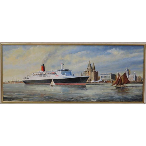 62 - David Wilson 'QE II Visits Liverpool' oil on board, 36x90cm, signed