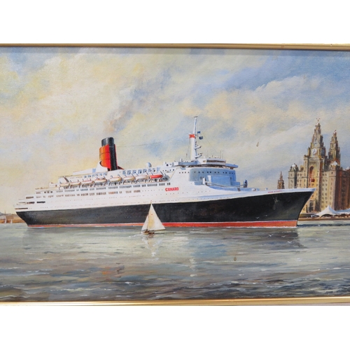 62 - David Wilson 'QE II Visits Liverpool' oil on board, 36x90cm, signed
