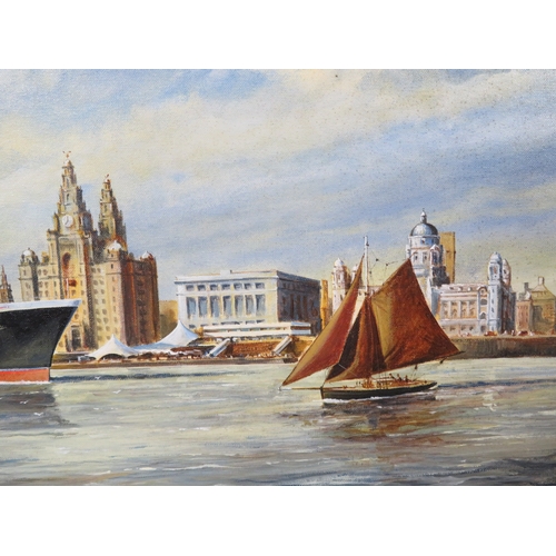 62 - David Wilson 'QE II Visits Liverpool' oil on board, 36x90cm, signed