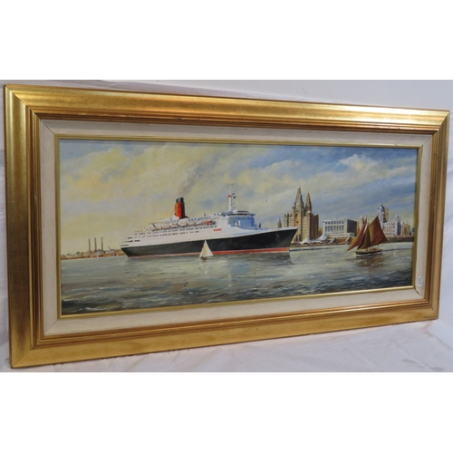 62 - David Wilson 'QE II Visits Liverpool' oil on board, 36x90cm, signed