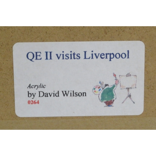 62 - David Wilson 'QE II Visits Liverpool' oil on board, 36x90cm, signed