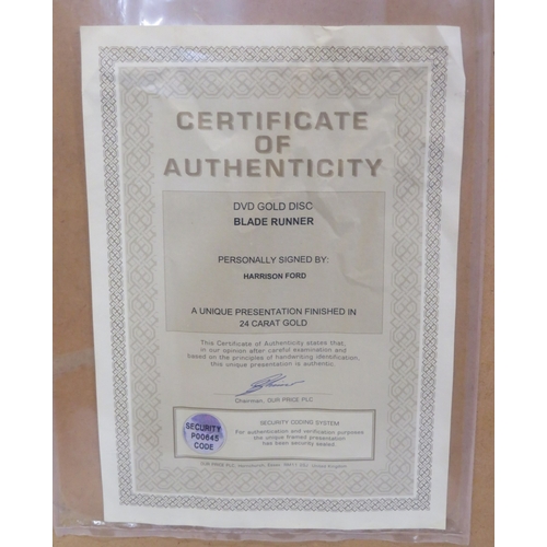 65 - Harrison Ford 'Blade Runner' DVD gold disc collection, framed with certificate from Our Price PLC, H... 
