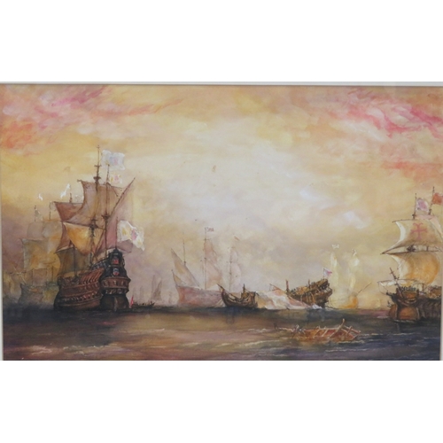 69 - After Clarkson Stanfield 'Sinking of the Revenge by the Spanish Fleet' watercolour 26x41cm