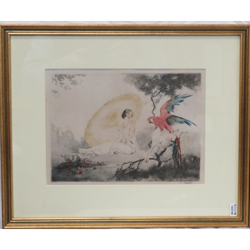 7 - Jean Hardy (French, 1880-1950) 'Lady with exotic birds and fish' three dry point etchings, 20x27cm e... 