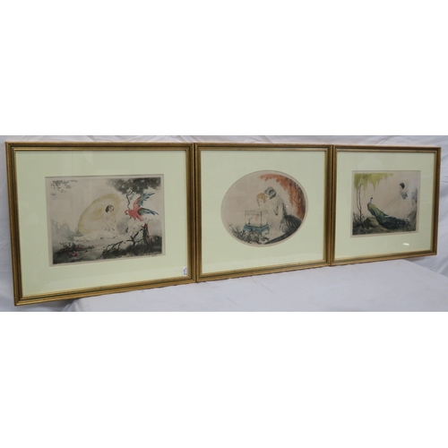 7 - Jean Hardy (French, 1880-1950) 'Lady with exotic birds and fish' three dry point etchings, 20x27cm e... 