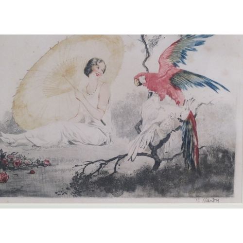 7 - Jean Hardy (French, 1880-1950) 'Lady with exotic birds and fish' three dry point etchings, 20x27cm e... 
