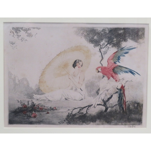 7 - Jean Hardy (French, 1880-1950) 'Lady with exotic birds and fish' three dry point etchings, 20x27cm e... 