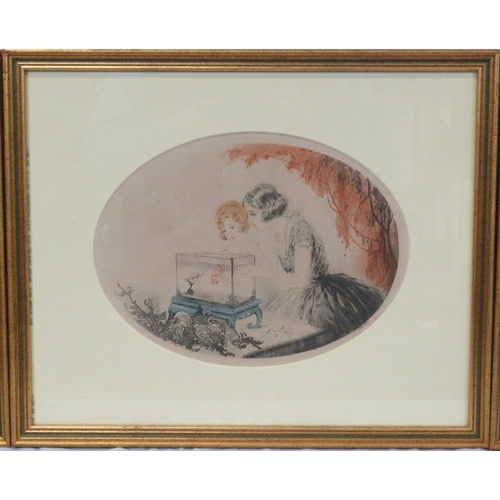 7 - Jean Hardy (French, 1880-1950) 'Lady with exotic birds and fish' three dry point etchings, 20x27cm e... 