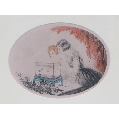 7 - Jean Hardy (French, 1880-1950) 'Lady with exotic birds and fish' three dry point etchings, 20x27cm e... 