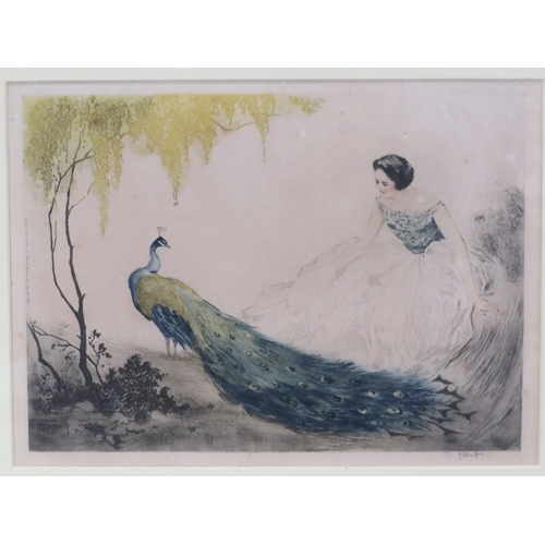 7 - Jean Hardy (French, 1880-1950) 'Lady with exotic birds and fish' three dry point etchings, 20x27cm e... 