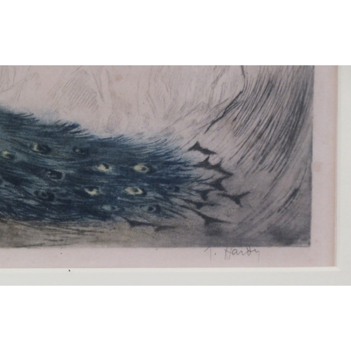 7 - Jean Hardy (French, 1880-1950) 'Lady with exotic birds and fish' three dry point etchings, 20x27cm e... 