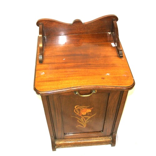 161 - Edwardian inlaid mahogany fuel press with drop-down front, lined interior, foliate inlay, on bracket... 