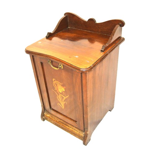 161 - Edwardian inlaid mahogany fuel press with drop-down front, lined interior, foliate inlay, on bracket... 