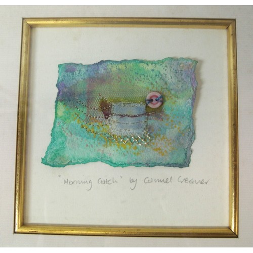 73 - Carmel Creaner ''Morning Catch' & 'Kerry Sky' a pair, textile art, 14x14cm each,  signed & inscribed