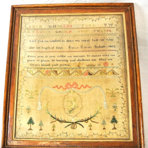 74 - Framed sampler by Sarah Elgie Garnett, Srokesle 1802 renovated 1999-2000 Charles John Potter, 40x35c... 