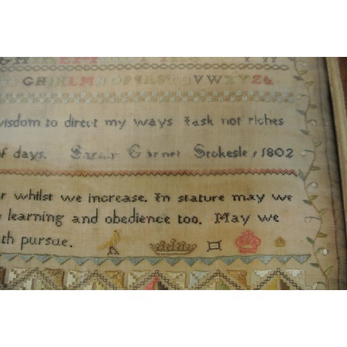 74 - Framed sampler by Sarah Elgie Garnett, Srokesle 1802 renovated 1999-2000 Charles John Potter, 40x35c... 
