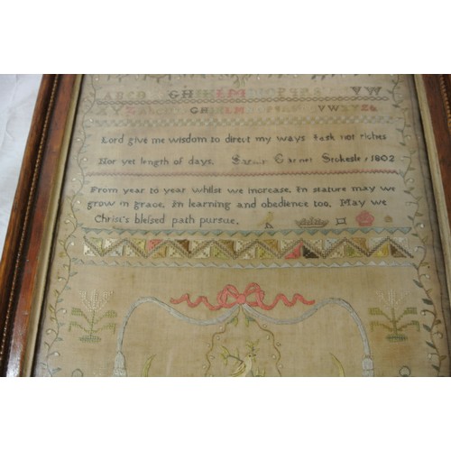 74 - Framed sampler by Sarah Elgie Garnett, Srokesle 1802 renovated 1999-2000 Charles John Potter, 40x35c... 