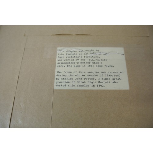 74 - Framed sampler by Sarah Elgie Garnett, Srokesle 1802 renovated 1999-2000 Charles John Potter, 40x35c... 