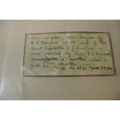 74 - Framed sampler by Sarah Elgie Garnett, Srokesle 1802 renovated 1999-2000 Charles John Potter, 40x35c... 