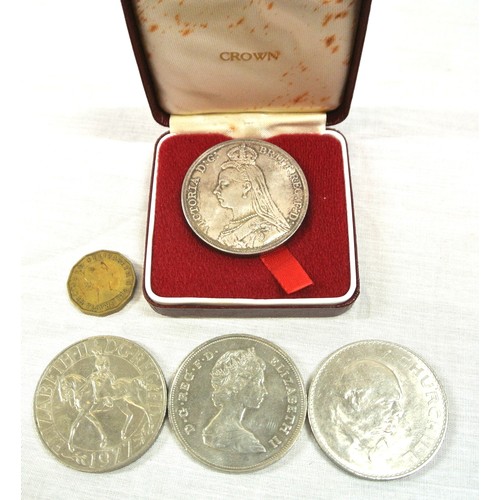 85 - Queen Victoria Jubilee Head Crown coin in box 1890, and 1965, 1977 and 1981 English commemorative co... 