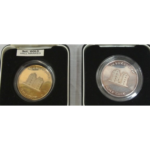 86 - Two commerative Monkstown Golf Club tokens /medals, one 9ct gold hall marked, one silver, in  black ... 