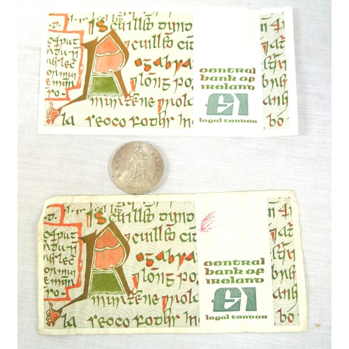 91 - Two Irish writers series £1 notes 16.03.89, 17.07.80 and a Patrick Pearce silver coin