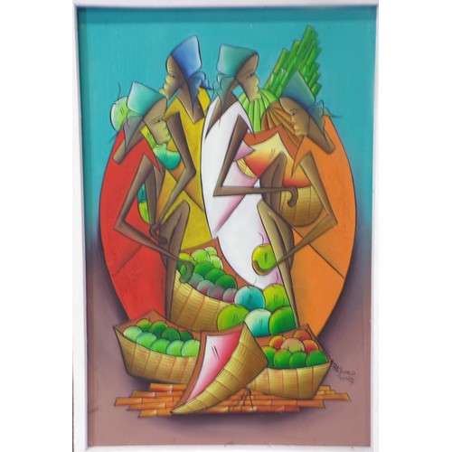 76 - Rejinald Lundy 'Apple Sellers, Santa Dominica 1987' pastels 59x38cm signed