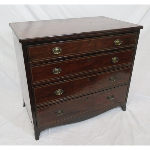 75 - Edwardian inlaid mahogany chest of 4 graduating drawers with oval brass drop handles, on bracket fee... 