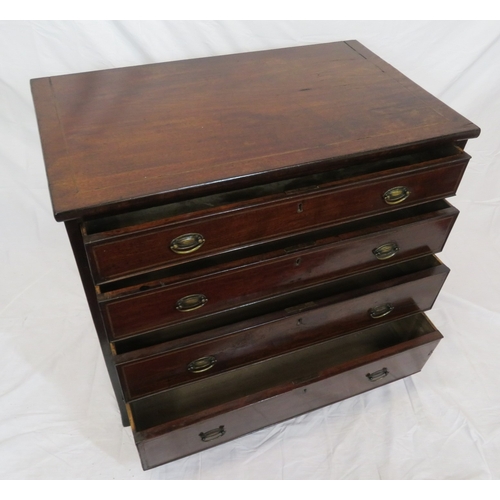 75 - Edwardian inlaid mahogany chest of 4 graduating drawers with oval brass drop handles, on bracket fee... 