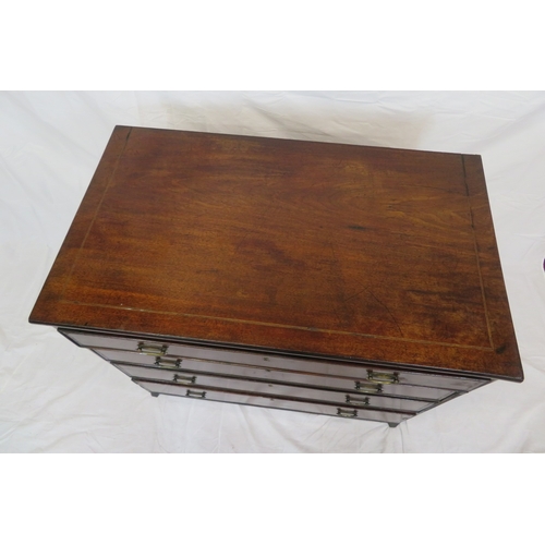 75 - Edwardian inlaid mahogany chest of 4 graduating drawers with oval brass drop handles, on bracket fee... 